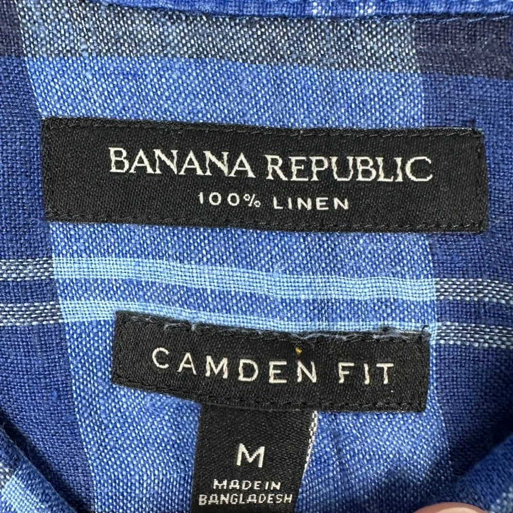 Banana Republic Linen Shirt Mens Medium Camden Fit Blue Plaid Button Up Casual